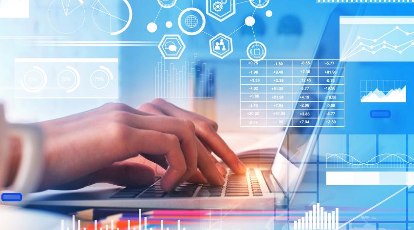 Resource Hub Close up of hands using laptop with digital business interface. Communication and future concept. Double exposure